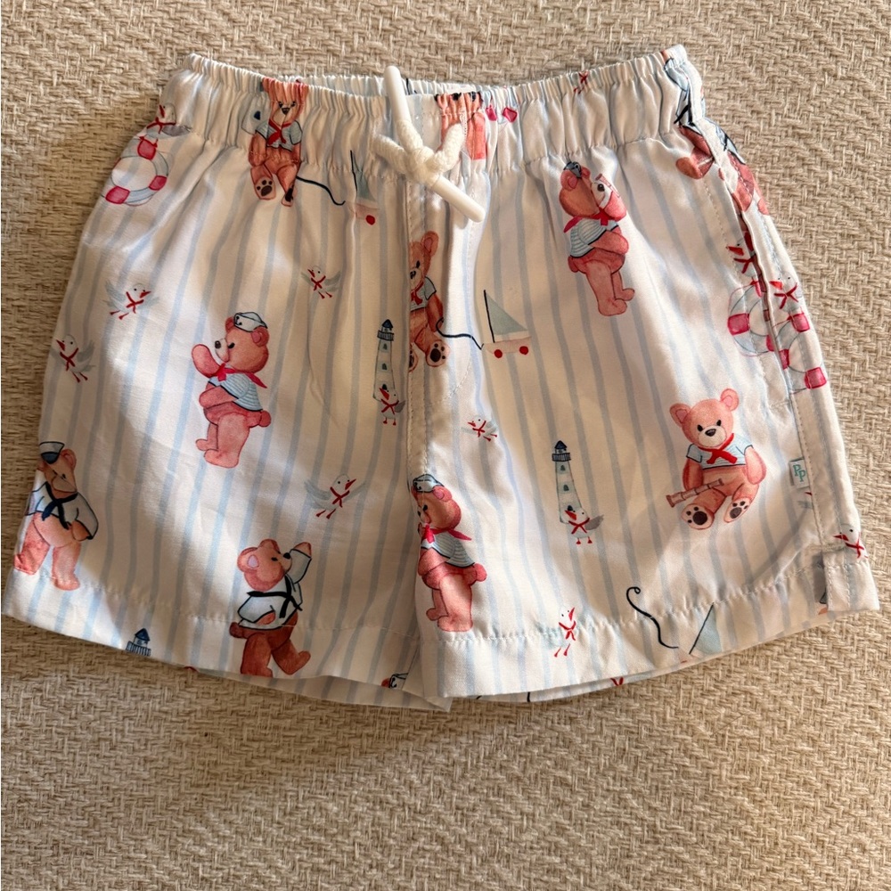 Posh Peanut White & Light Blue Teddy Bear Drawstring Shorts